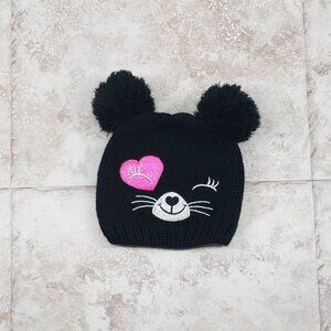 Animal Black Bunny Cat Double Pom Girls Knit Beanie Hat Embroidered Toboggan